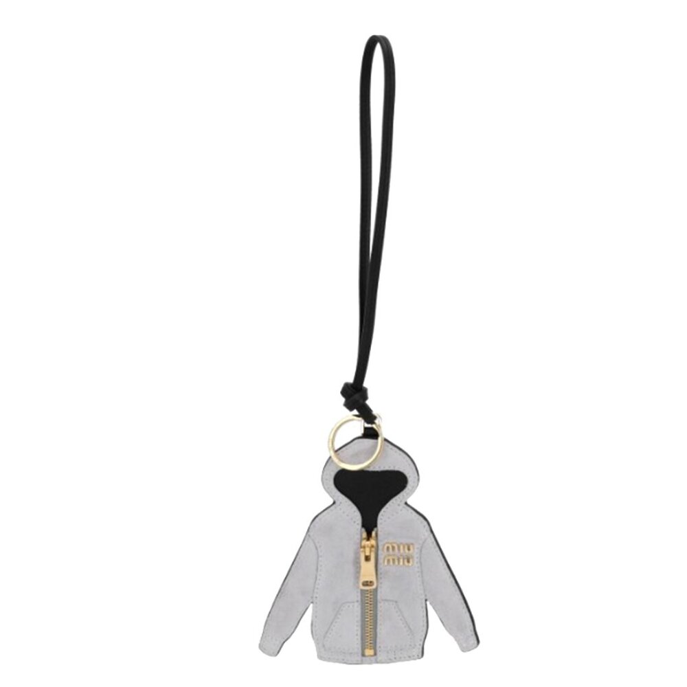 Miu Miu Trick Bag Charm Gray Leather MIU HOODIE Keychain, NEW